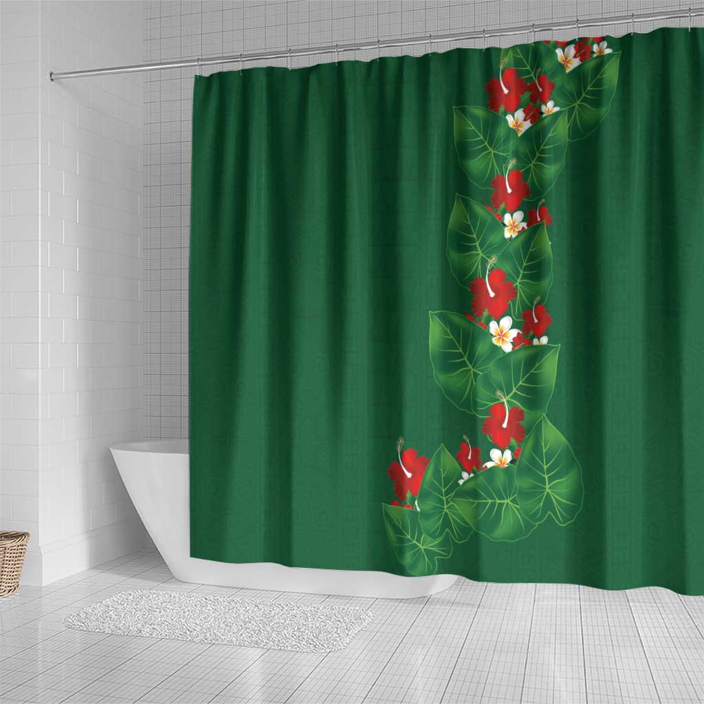 Hawaiian Taro Leaves-Hibiscus and Plumeria Shower Curtain Polynesian Art-Kakau Tattoo Green LT03 - Polynesian Pride