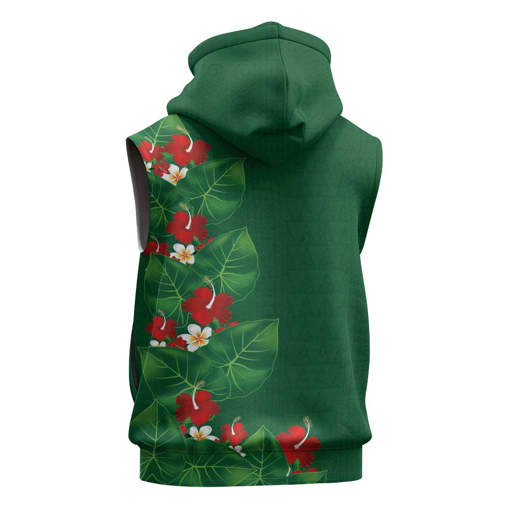 Hawaiian Taro Leaves-Hibiscus and Plumeria Sleeveless Hoodie Polynesian Art-Kakau Tattoo Green LT03 - Polynesian Pride