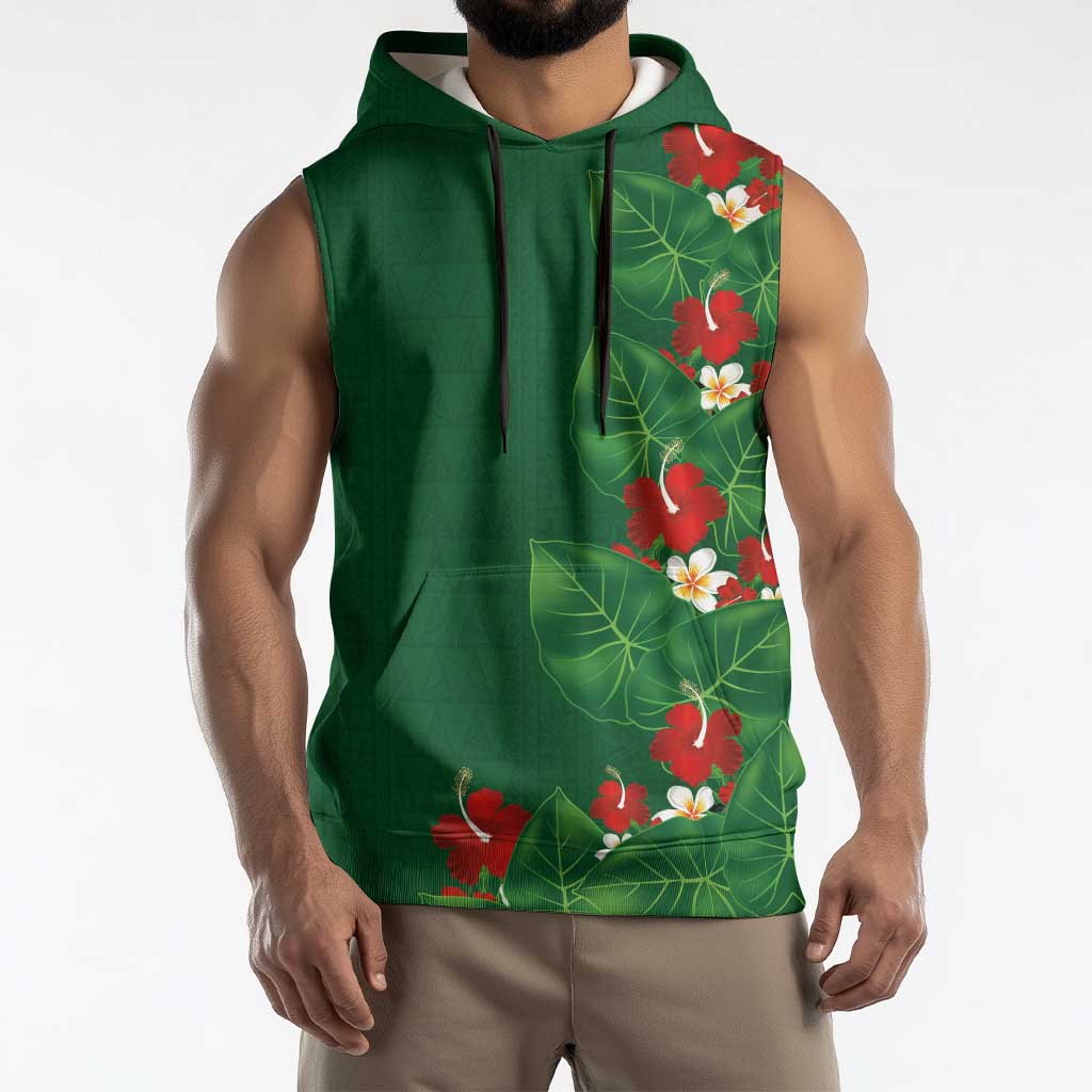 Hawaiian Taro Leaves-Hibiscus and Plumeria Sleeveless Hoodie Polynesian Art-Kakau Tattoo Green LT03 - Polynesian Pride