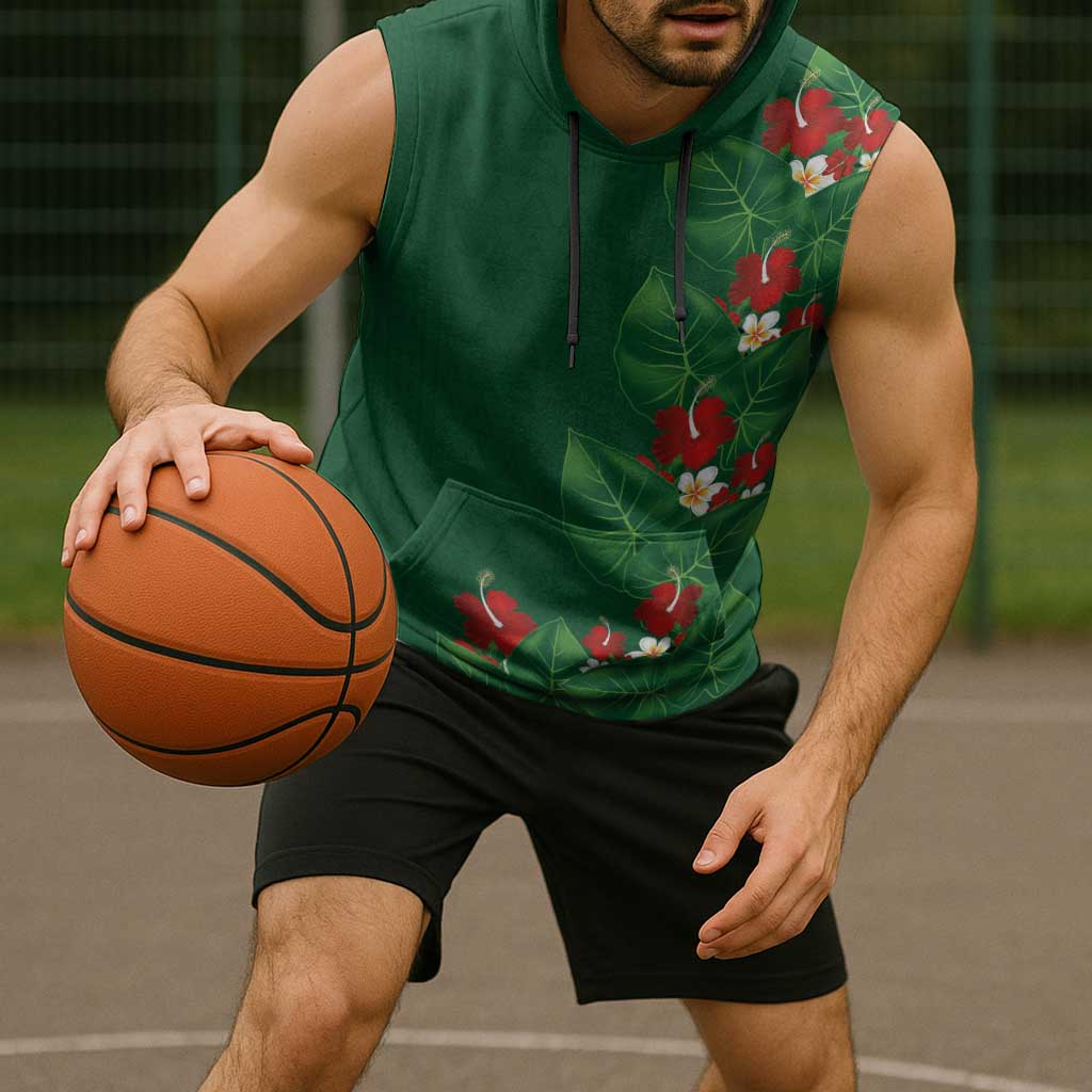 Hawaiian Taro Leaves-Hibiscus and Plumeria Sleeveless Hoodie Polynesian Art-Kakau Tattoo Green LT03 - Polynesian Pride