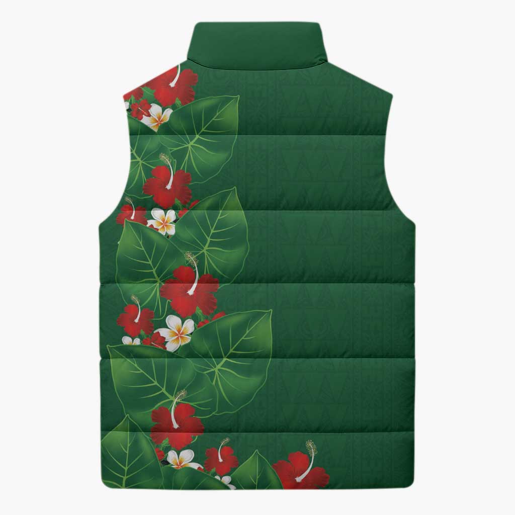 Hawaiian Taro Leaves-Hibiscus and Plumeria Sleeveless Puffer Jacket Polynesian Art-Kakau Tattoo Green