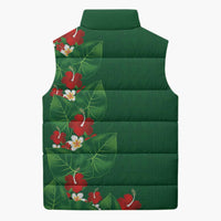 Hawaiian Taro Leaves-Hibiscus and Plumeria Sleeveless Puffer Jacket Polynesian Art-Kakau Tattoo Green