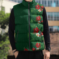 Hawaiian Taro Leaves-Hibiscus and Plumeria Sleeveless Puffer Jacket Polynesian Art-Kakau Tattoo Green