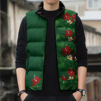 Hawaiian Taro Leaves-Hibiscus and Plumeria Sleeveless Puffer Jacket Polynesian Art-Kakau Tattoo Green