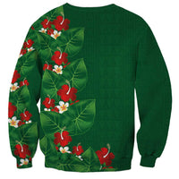 Hawaiian Taro Leaves-Hibiscus and Plumeria Sweatshirt Polynesian Art-Kakau Tattoo Green