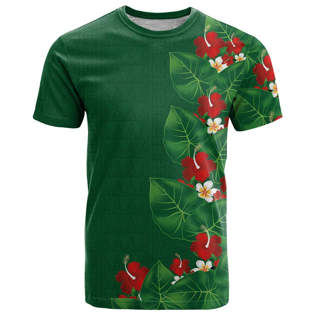 Hawaiian Taro Leaves-Hibiscus and Plumeria T Shirt Polynesian Art-Kakau Tattoo Green LT03 Green - Polynesian Pride