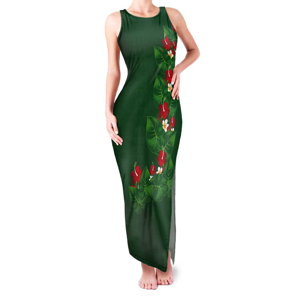 Hawaiian Taro Leaves-Hibiscus and Plumeria Tank Maxi Dress Polynesian Art-Kakau Tattoo Green LT03 Women Green - Polynesian Pride