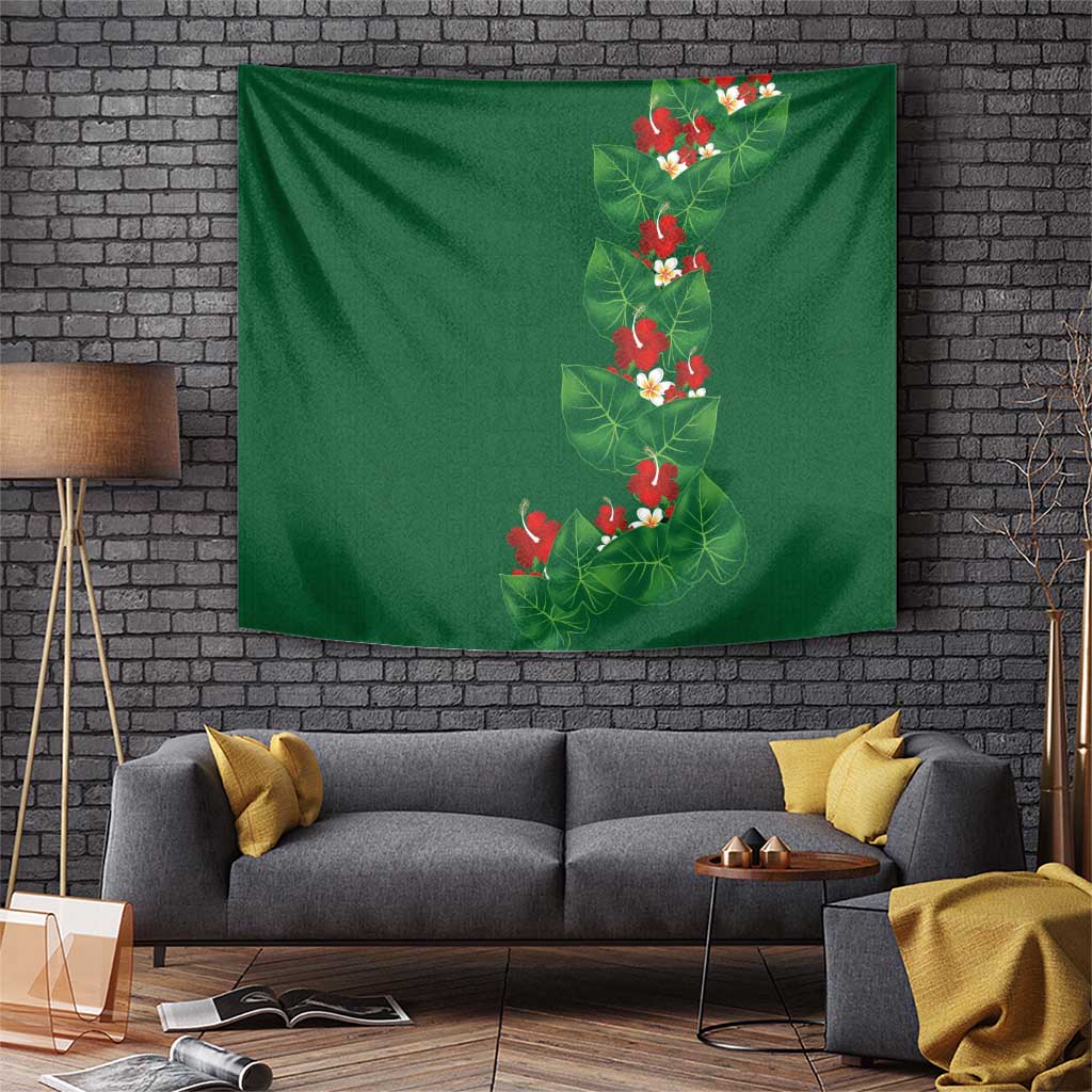 Hawaiian Taro Leaves-Hibiscus and Plumeria Tapestry Polynesian Art-Kakau Tattoo Green