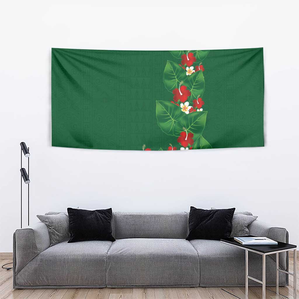 Hawaiian Taro Leaves-Hibiscus and Plumeria Tapestry Polynesian Art-Kakau Tattoo Green