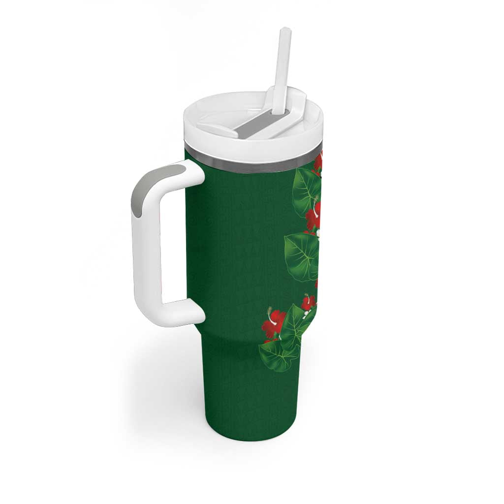Hawaiian Taro Leaves-Hibiscus and Plumeria Tumbler With Handle Polynesian Art-Kakau Tattoo Green LT03 - Polynesian Pride