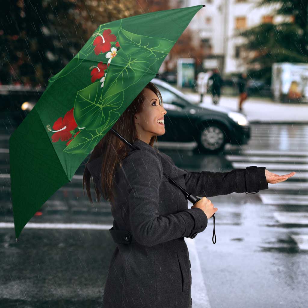 Hawaiian Taro Leaves-Hibiscus and Plumeria Umbrella Polynesian Art-Kakau Tattoo Green
