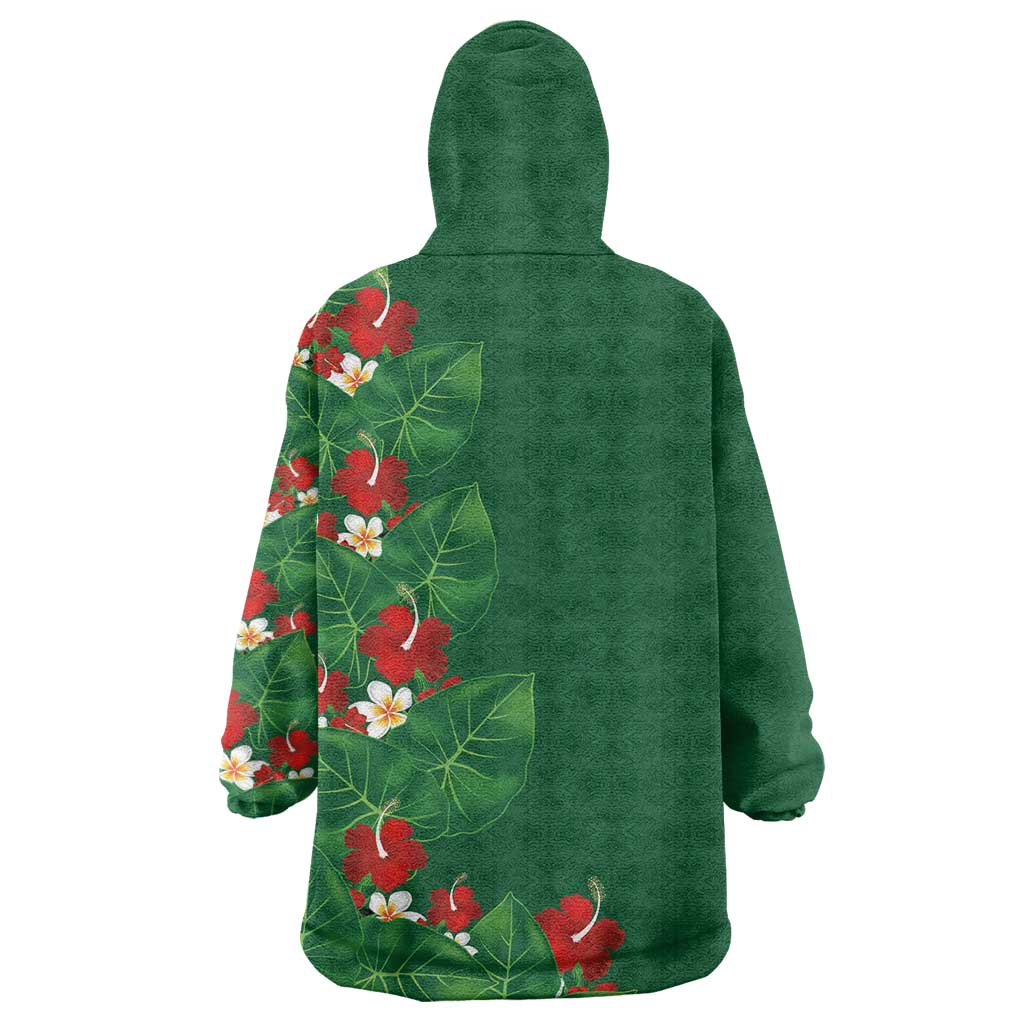 Hawaiian Taro Leaves-Hibiscus and Plumeria Wearable Blanket Hoodie Polynesian Art-Kakau Tattoo Green LT03 - Polynesian Pride