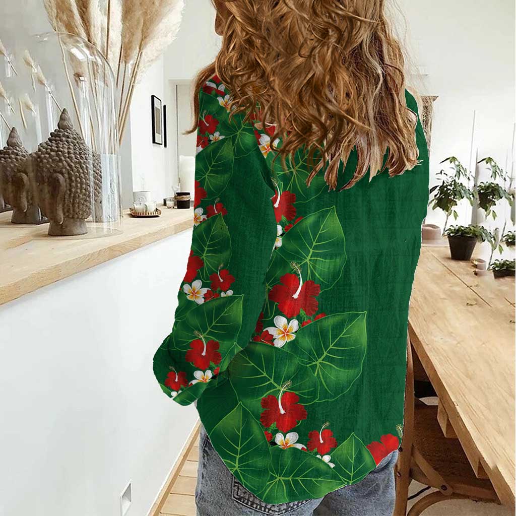 Hawaiian Taro Leaves-Hibiscus and Plumeria Women Casual Shirt Polynesian Art-Kakau Tattoo Green LT03 - Polynesian Pride