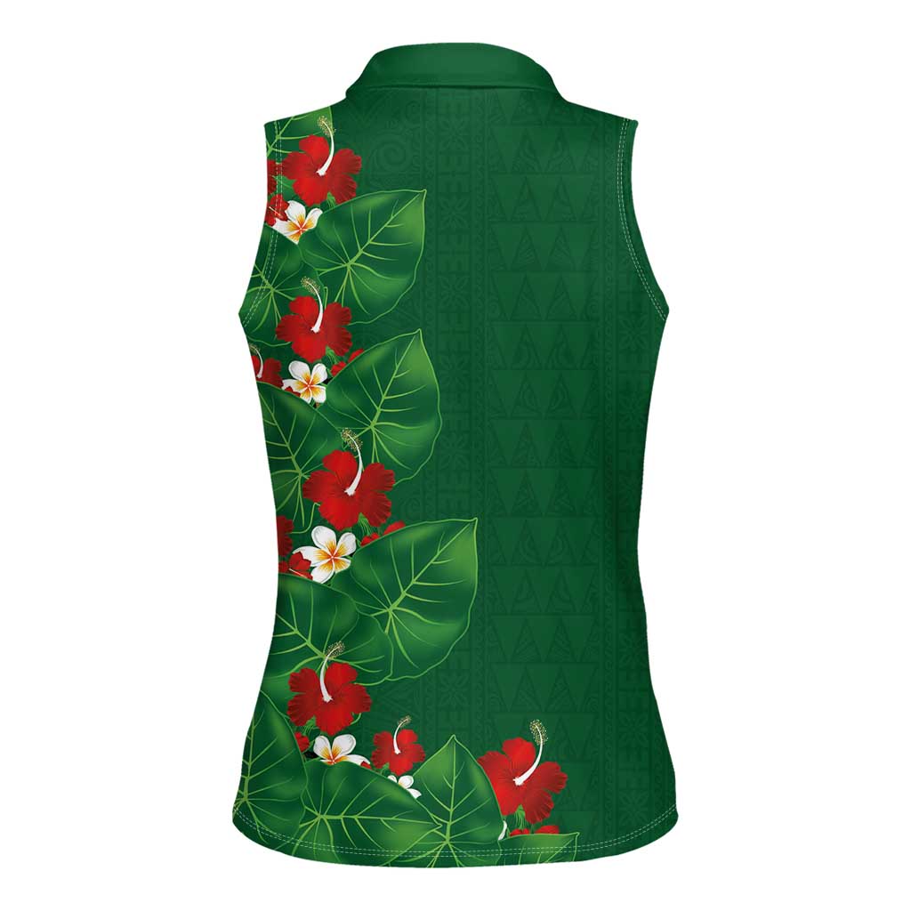 Hawaiian Taro Leaves-Hibiscus and Plumeria Women Sleeveless Polo Shirt Polynesian Art-Kakau Tattoo Green LT03 - Polynesian Pride