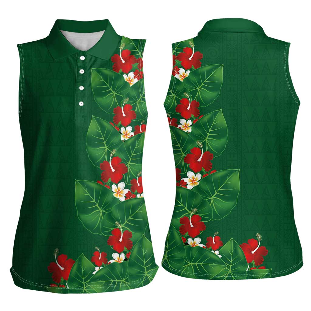 Hawaiian Taro Leaves-Hibiscus and Plumeria Women Sleeveless Polo Shirt Polynesian Art-Kakau Tattoo Green LT03 - Polynesian Pride
