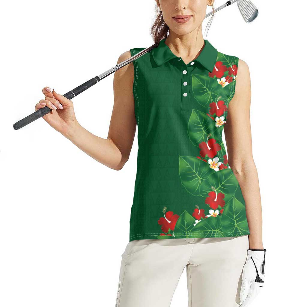 Hawaiian Taro Leaves-Hibiscus and Plumeria Women Sleeveless Polo Shirt Polynesian Art-Kakau Tattoo Green LT03 - Polynesian Pride