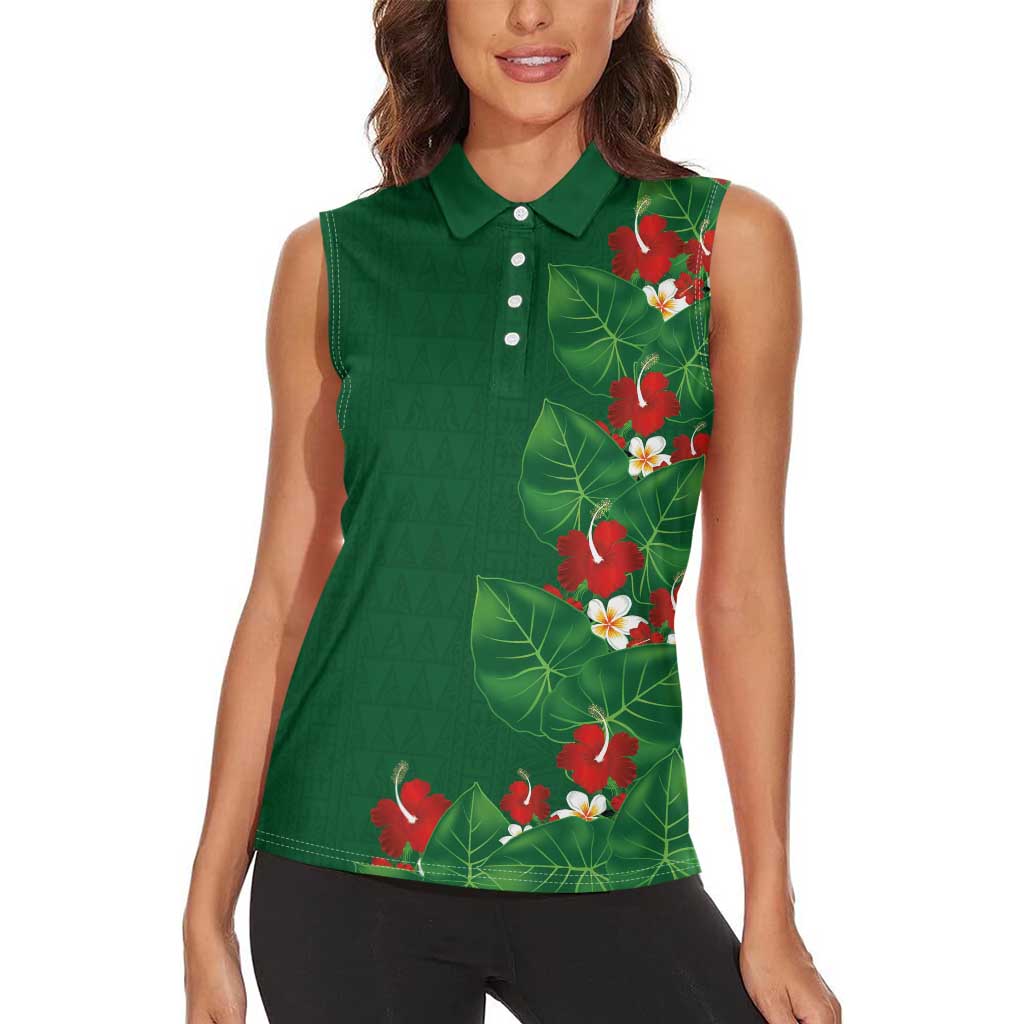 Hawaiian Taro Leaves-Hibiscus and Plumeria Women Sleeveless Polo Shirt Polynesian Art-Kakau Tattoo Green LT03 - Polynesian Pride