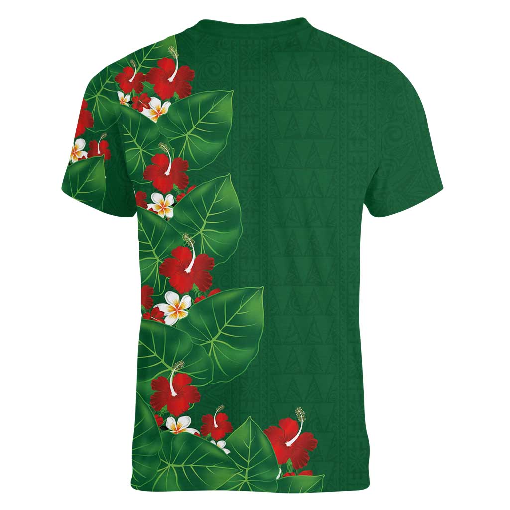 Hawaiian Taro Leaves-Hibiscus and Plumeria Women V-Neck T-Shirt Polynesian Art-Kakau Tattoo Green LT03 - Polynesian Pride