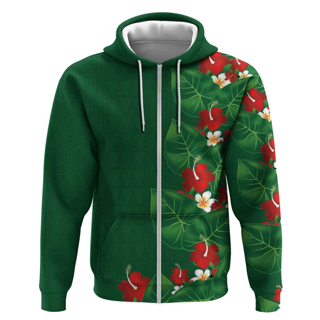 Hawaiian Taro Leaves-Hibiscus and Plumeria Zip Hoodie Polynesian Art-Kakau Tattoo Green LT03 Zip Hoodie Green - Polynesian Pride