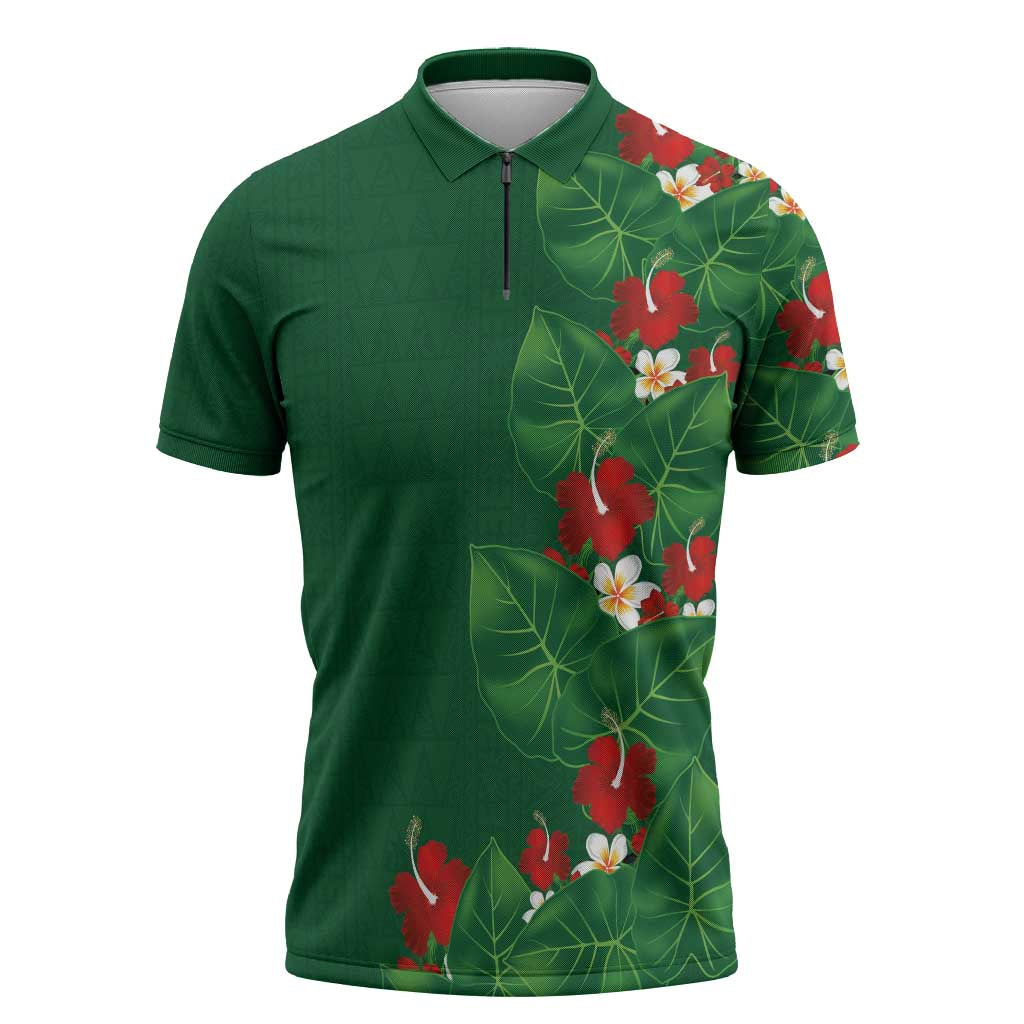 Hawaiian Taro Leaves-Hibiscus and Plumeria Zipper Polo Shirt Polynesian Art-Kakau Tattoo Green