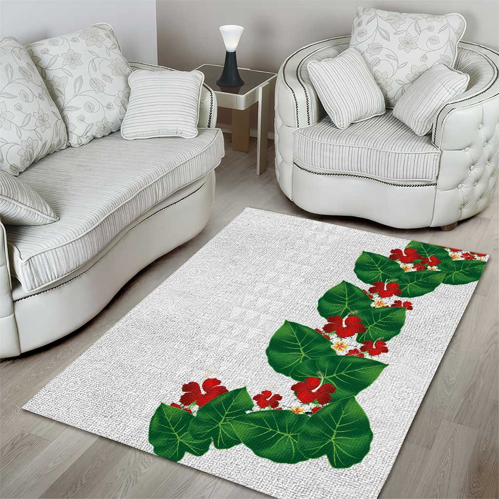 Hawaiian Taro Leaves-Hibiscus and Plumeria Area Rug Polynesian Art-Kakau Tattoo White