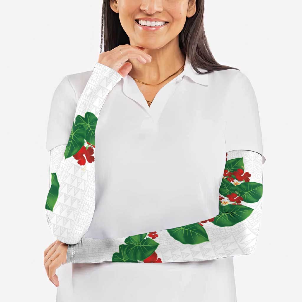 Hawaiian Taro Leaves-Hibiscus and Plumeria Arm Sleeves Polynesian Art-Kakau Tattoo White