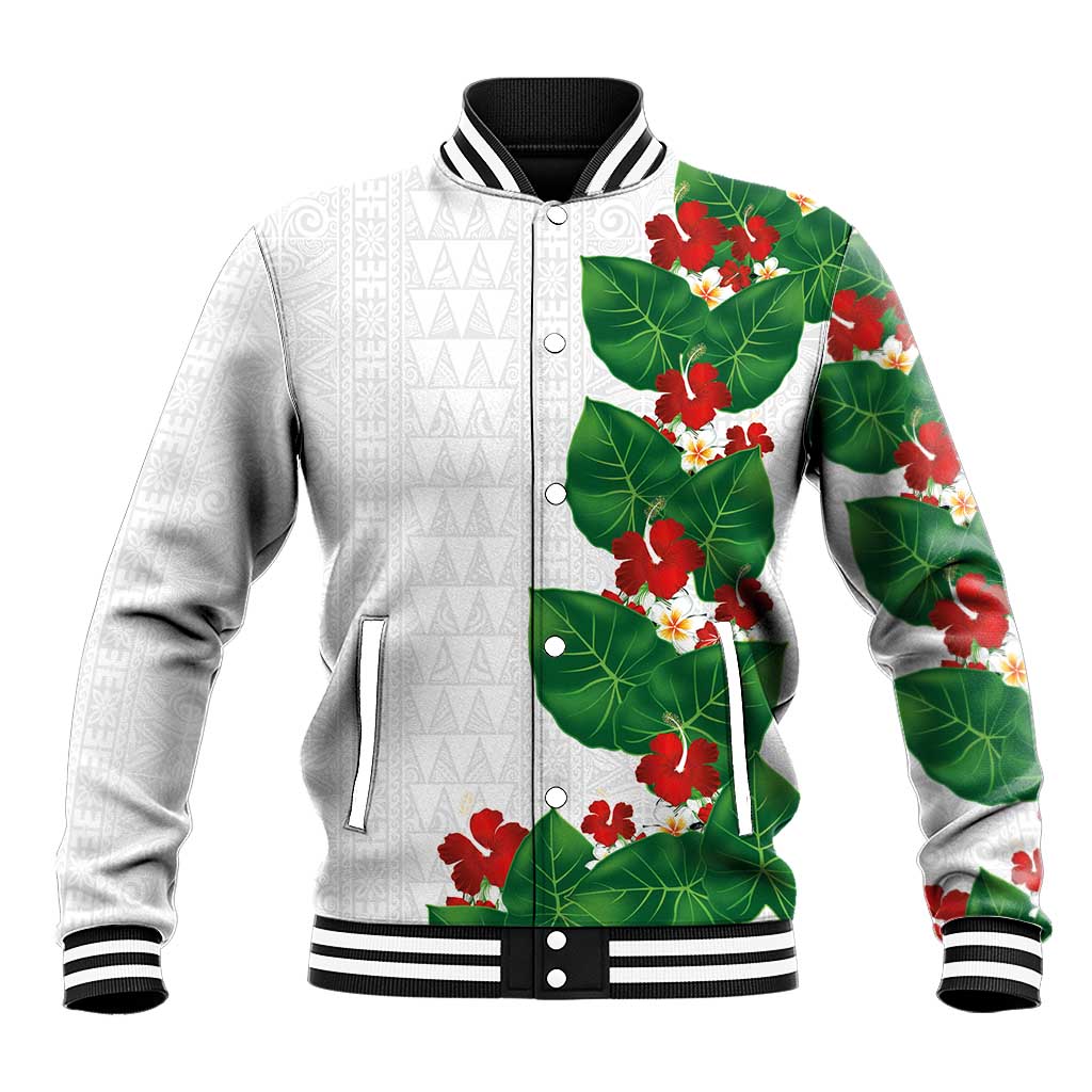 Hawaiian Taro Leaves-Hibiscus and Plumeria Baseball Jacket Polynesian Art-Kakau Tattoo White