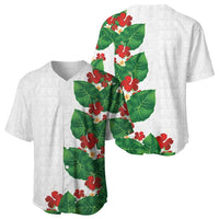 Hawaiian Taro Leaves-Hibiscus and Plumeria Baseball Jersey Polynesian Art-Kakau Tattoo White