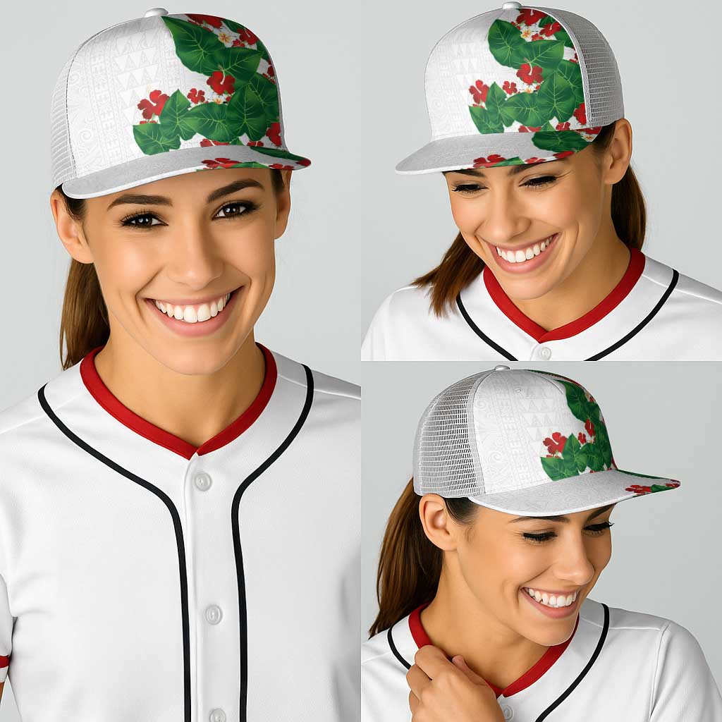 Hawaiian Taro Leaves-Hibiscus and Plumeria Baseball Net Cap Polynesian Art-Kakau Tattoo White