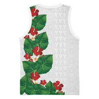 Hawaiian Taro Leaves-Hibiscus and Plumeria Basketball Jersey Polynesian Art-Kakau Tattoo White LT03 - Polynesian Pride