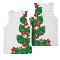 Hawaiian Taro Leaves-Hibiscus and Plumeria Basketball Jersey Polynesian Art-Kakau Tattoo White LT03 - Polynesian Pride