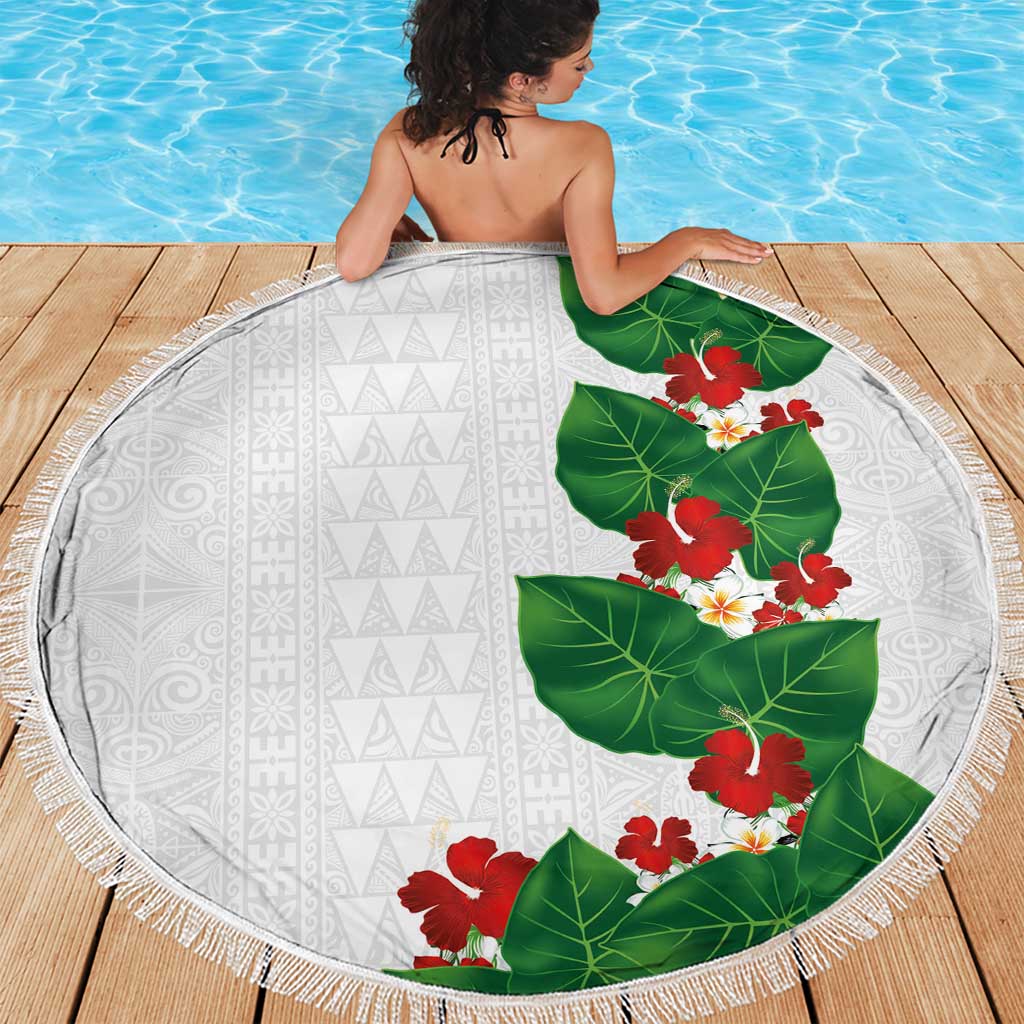 Hawaiian Taro Leaves-Hibiscus and Plumeria Beach Blanket Polynesian Art-Kakau Tattoo White