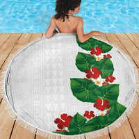 Hawaiian Taro Leaves-Hibiscus and Plumeria Beach Blanket Polynesian Art-Kakau Tattoo White