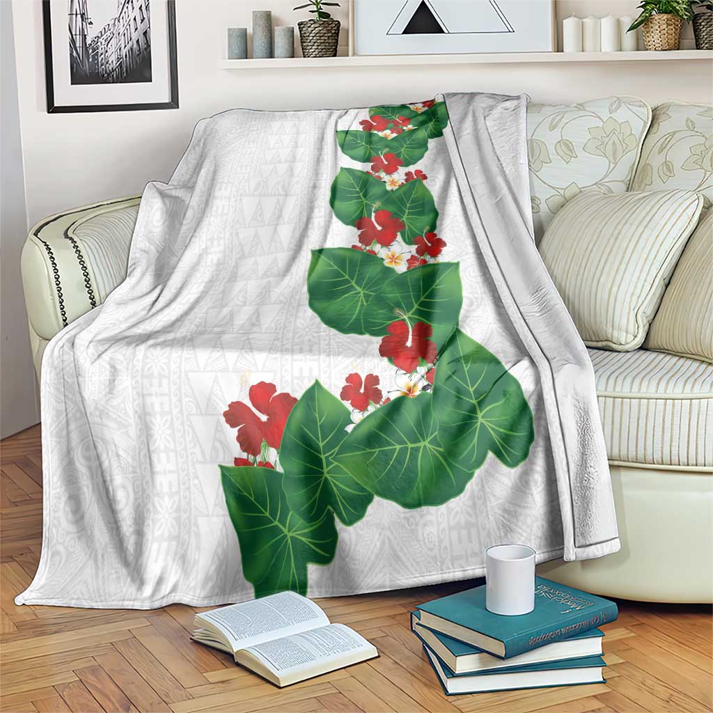 Hawaiian Taro Leaves-Hibiscus and Plumeria Blanket Polynesian Art-Kakau Tattoo White