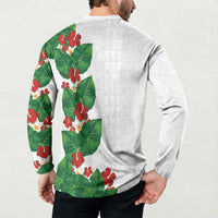 Hawaiian Taro Leaves-Hibiscus and Plumeria Button Sweatshirt Polynesian Art-Kakau Tattoo White