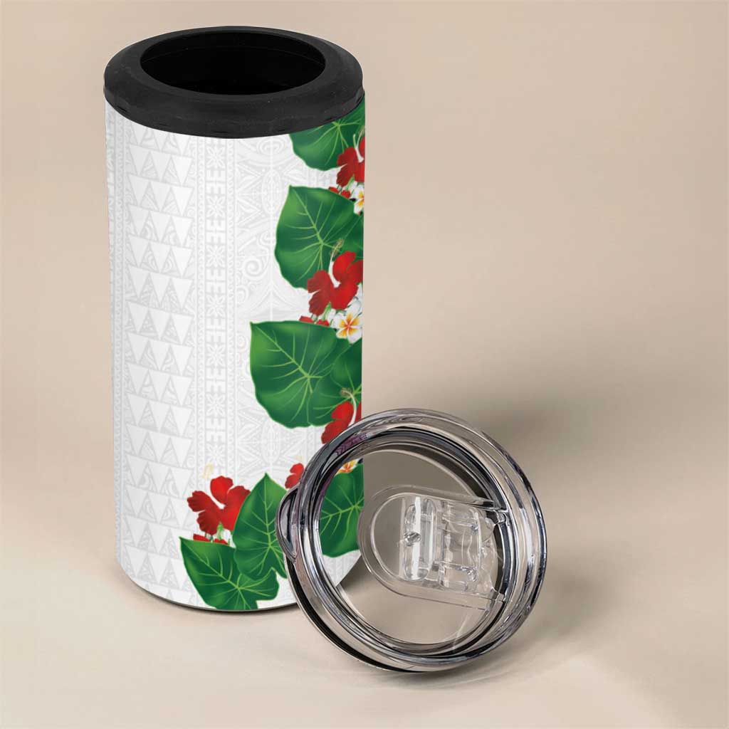 Hawaiian Taro Leaves-Hibiscus and Plumeria 4 in 1 Can Cooler Tumbler Polynesian Art-Kakau Tattoo White LT03 - Polynesian Pride