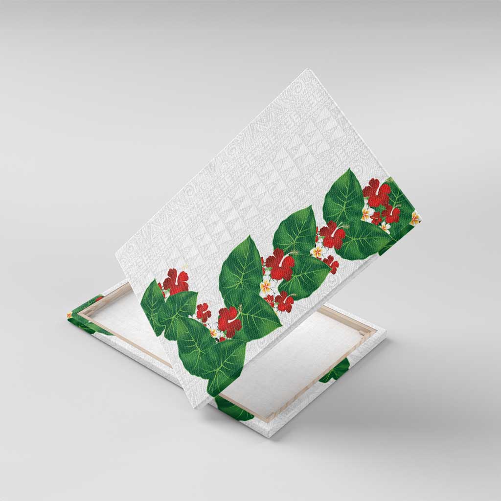 Hawaiian Taro Leaves-Hibiscus and Plumeria Canvas Wall Art Polynesian Art-Kakau Tattoo White