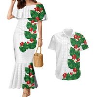 Hawaiian Taro Leaves-Hibiscus and Plumeria Couples Matching Mermaid Dress and Hawaiian Shirt Polynesian Art-Kakau Tattoo White LT03 White - Polynesian Pride