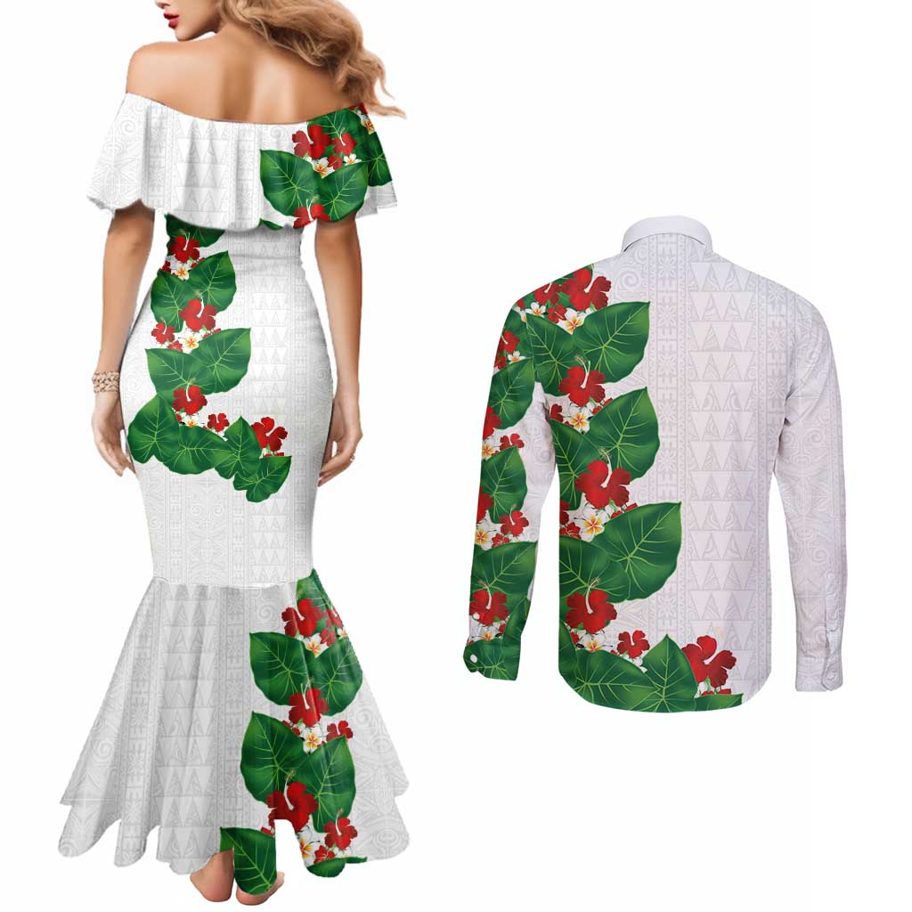 Hawaiian Taro Leaves-Hibiscus and Plumeria Couples Matching Mermaid Dress and Long Sleeve Button Shirt Polynesian Art-Kakau Tattoo White LT03 - Polynesian Pride