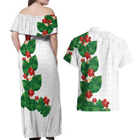 Hawaiian Taro Leaves-Hibiscus and Plumeria Couples Matching Off Shoulder Maxi Dress and Hawaiian Shirt Polynesian Art-Kakau Tattoo White LT03 - Polynesian Pride