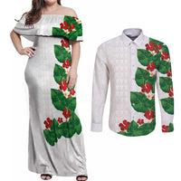 Hawaiian Taro Leaves-Hibiscus and Plumeria Couples Matching Off Shoulder Maxi Dress and Long Sleeve Button Shirt Polynesian Art-Kakau Tattoo White LT03 White - Polynesian Pride