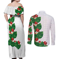 Hawaiian Taro Leaves-Hibiscus and Plumeria Couples Matching Off Shoulder Maxi Dress and Long Sleeve Button Shirt Polynesian Art-Kakau Tattoo White LT03 - Polynesian Pride