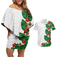 Hawaiian Taro Leaves-Hibiscus and Plumeria Couples Matching Off Shoulder Short Dress and Hawaiian Shirt Polynesian Art-Kakau Tattoo White LT03 White - Polynesian Pride