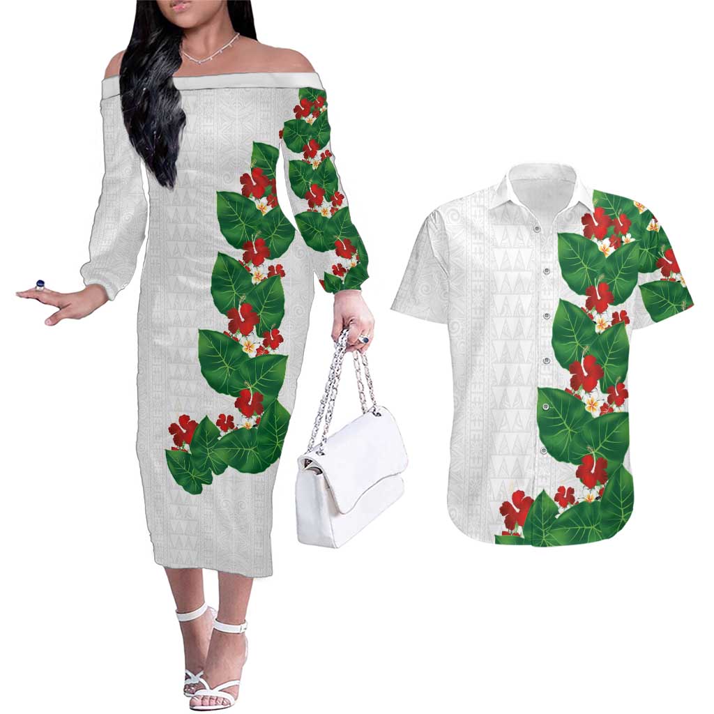 Hawaiian Taro Leaves-Hibiscus and Plumeria Couples Matching Off The Shoulder Long Sleeve Dress and Hawaiian Shirt Polynesian Art-Kakau Tattoo White LT03 White - Polynesian Pride