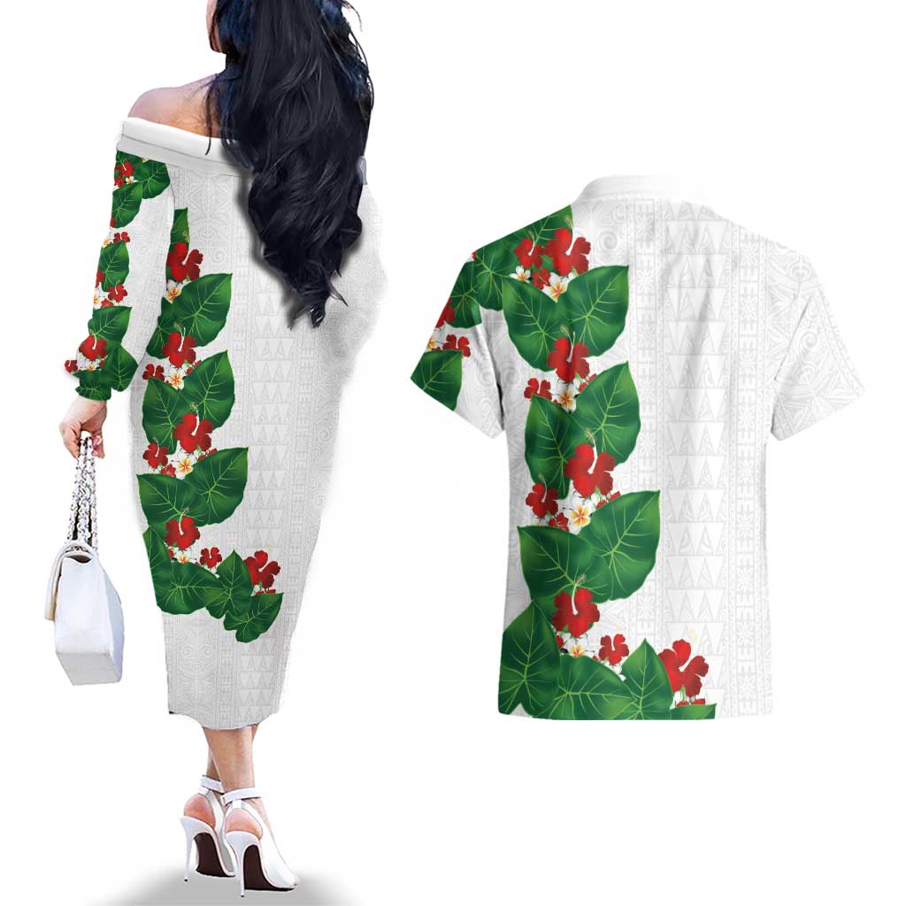 Hawaiian Taro Leaves-Hibiscus and Plumeria Couples Matching Off The Shoulder Long Sleeve Dress and Hawaiian Shirt Polynesian Art-Kakau Tattoo White LT03 - Polynesian Pride