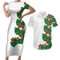 Hawaiian Taro Leaves-Hibiscus and Plumeria Couples Matching Short Sleeve Bodycon Dress and Hawaiian Shirt Polynesian Art-Kakau Tattoo White LT03 White - Polynesian Pride