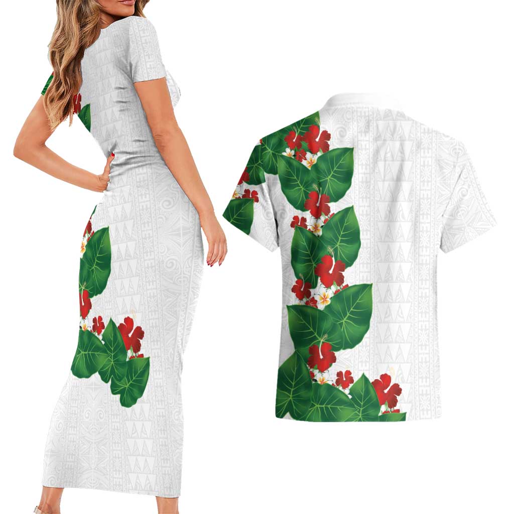 Hawaiian Taro Leaves-Hibiscus and Plumeria Couples Matching Short Sleeve Bodycon Dress and Hawaiian Shirt Polynesian Art-Kakau Tattoo White LT03 - Polynesian Pride