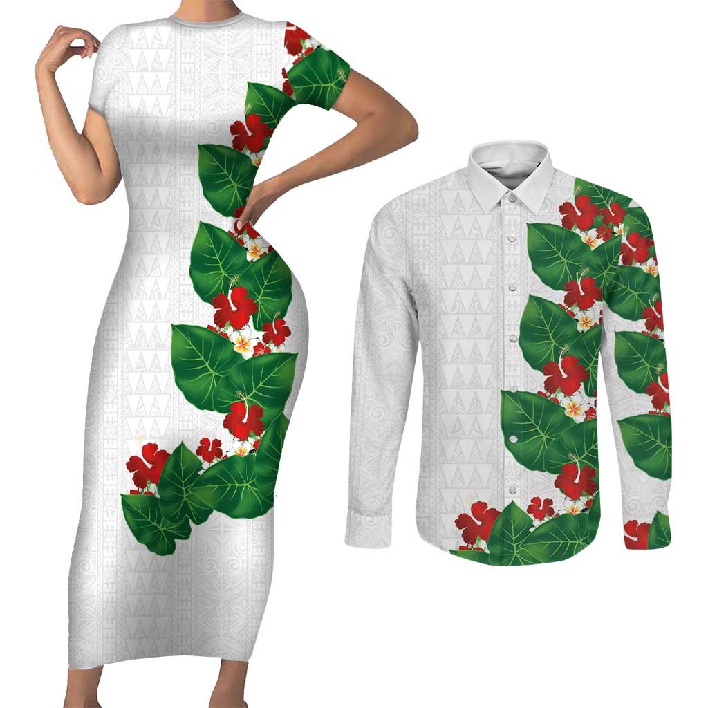 Hawaiian Taro Leaves-Hibiscus and Plumeria Couples Matching Short Sleeve Bodycon Dress and Long Sleeve Button Shirt Polynesian Art-Kakau Tattoo White LT03 White - Polynesian Pride
