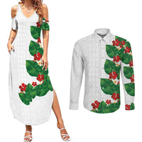 Hawaiian Taro Leaves-Hibiscus and Plumeria Couples Matching Summer Maxi Dress and Long Sleeve Button Shirt Polynesian Art-Kakau Tattoo White LT03 White - Polynesian Pride