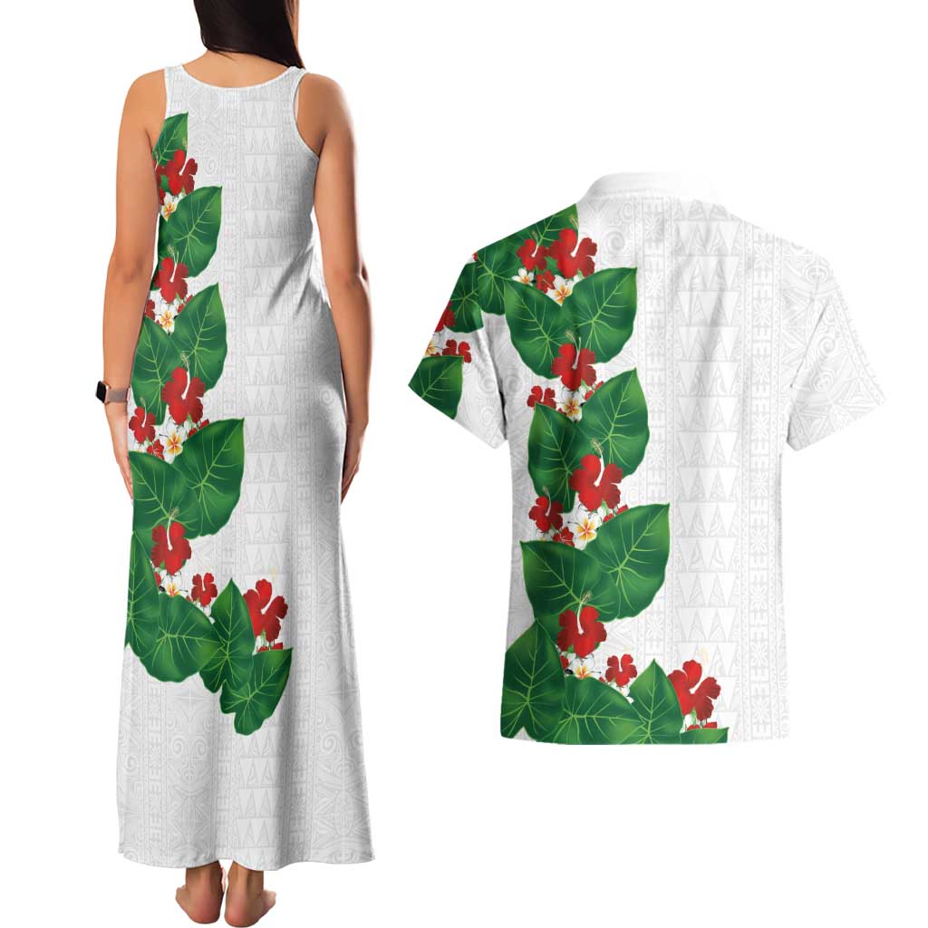 Hawaiian Taro Leaves-Hibiscus and Plumeria Couples Matching Tank Maxi Dress and Hawaiian Shirt Polynesian Art-Kakau Tattoo White LT03 - Polynesian Pride